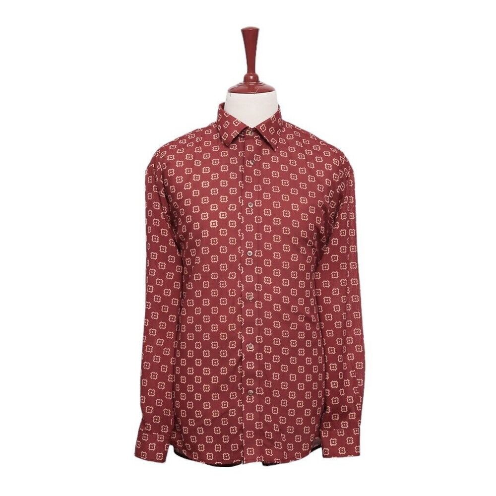Mens Silk Shirt Button Red Geometric Luxury Formal Dress Casual Party Beach XL